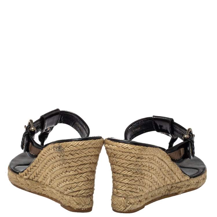Pre Owned Burberry Black Novacheck Canvas Espadrille Thong Wedge Sandals Size 37
