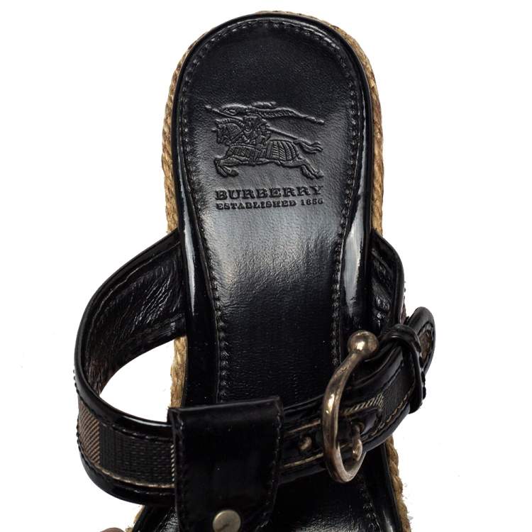 Pre Owned Burberry Black Novacheck Canvas Espadrille Thong Wedge Sandals Size 37