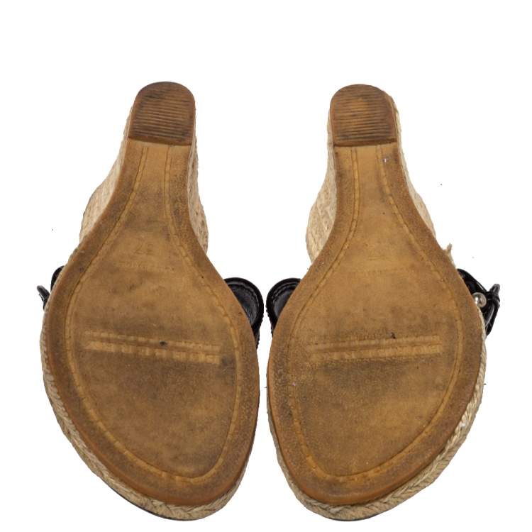 Pre Owned Burberry Black Novacheck Canvas Espadrille Thong Wedge Sandals Size 37