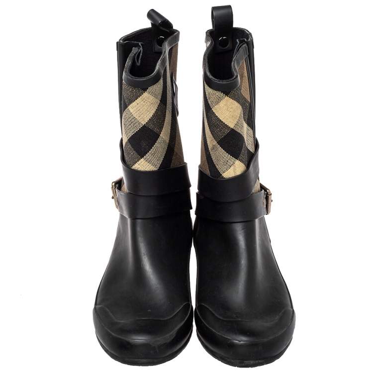 Pre Owned Burberry Beige/Black Check Canvas And Rubber Midcalf Boots Size 39
