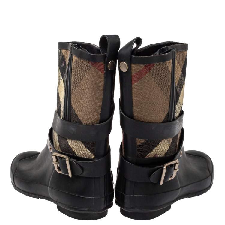 Pre Owned Burberry Beige/Black Check Canvas And Rubber Midcalf Boots Size 39