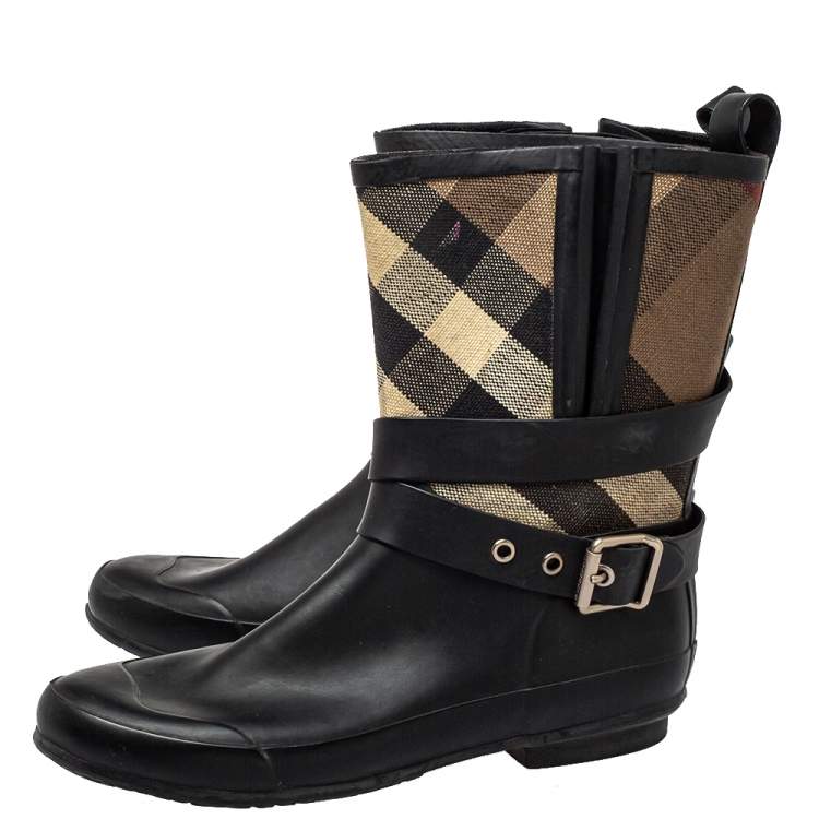 Pre Owned Burberry Beige/Black Check Canvas And Rubber Midcalf Boots Size 39