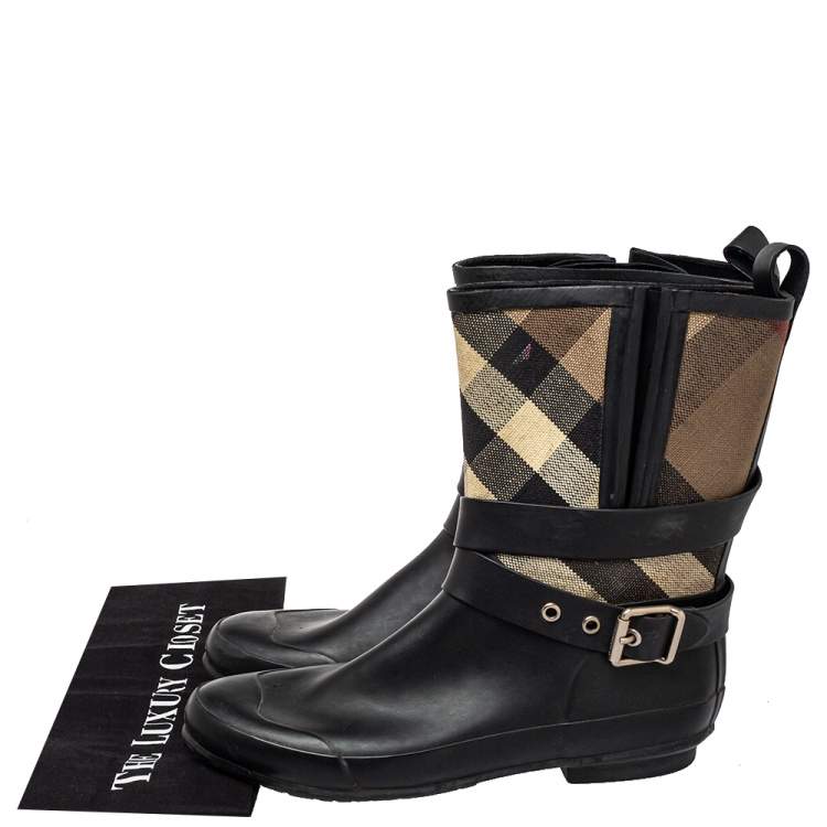 Pre Owned Burberry Beige/Black Check Canvas And Rubber Midcalf Boots Size 39