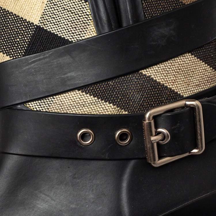 Pre Owned Burberry Beige/Black Check Canvas And Rubber Midcalf Boots Size 39