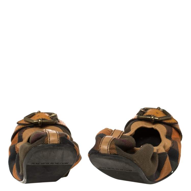 Pre Owned Burberry Multicolor Nova Check Canvas And Leather Buckle Scrunch Ballet Flats  Size 39