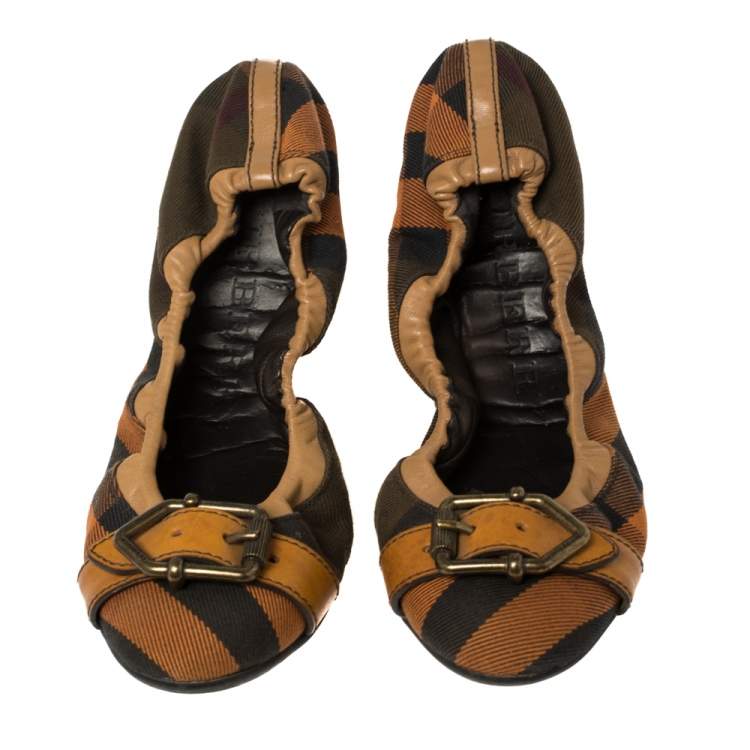 Pre Owned Burberry Multicolor Nova Check Canvas And Leather Buckle Scrunch Ballet Flats  Size 39