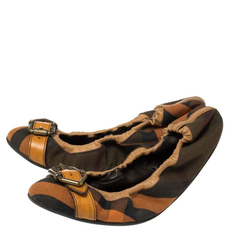 Pre Owned Burberry Multicolor Nova Check Canvas And Leather Buckle Scrunch Ballet Flats  Size 39