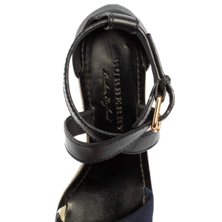 Pre Owned Burberry Black Leather And Nova Check Canvas Espadrille Wedge Sandals Size 37.5