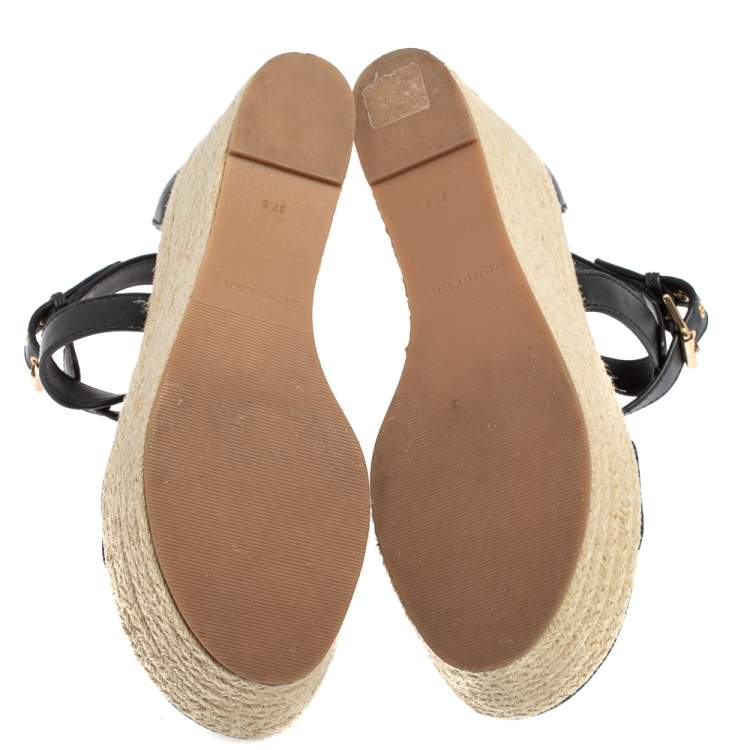 Pre Owned Burberry Black Leather And Nova Check Canvas Espadrille Wedge Sandals Size 37.5