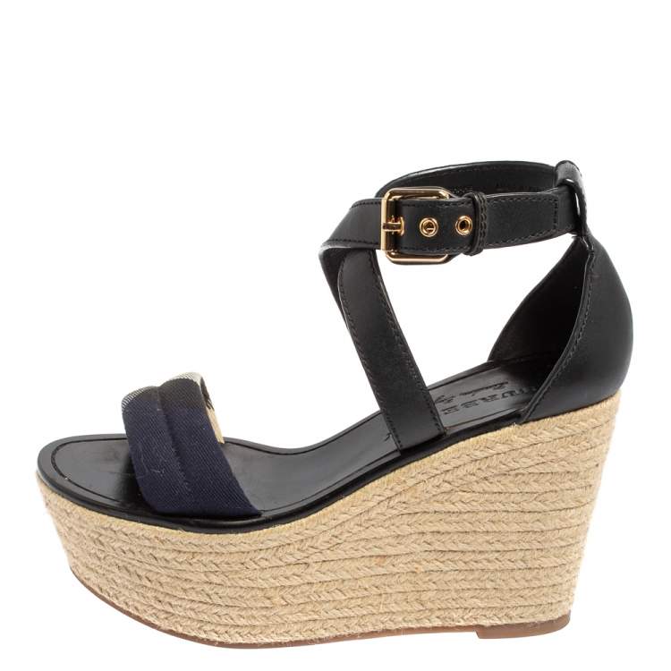 Pre Owned Burberry Black Leather And Nova Check Canvas Espadrille Wedge Sandals Size 37.5