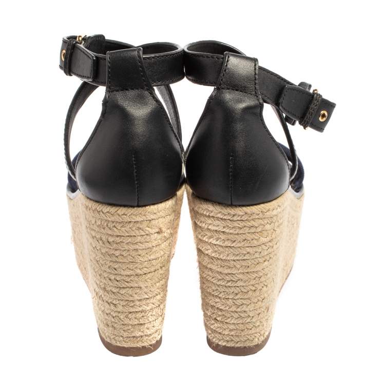 Pre Owned Burberry Black Leather And Nova Check Canvas Espadrille Wedge Sandals Size 37.5