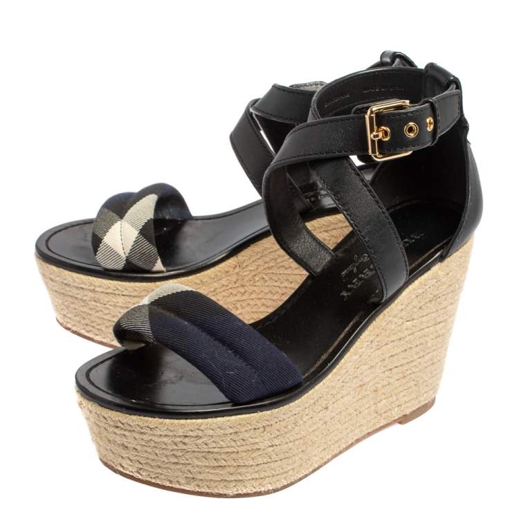 Pre Owned Burberry Black Leather And Nova Check Canvas Espadrille Wedge Sandals Size 37.5