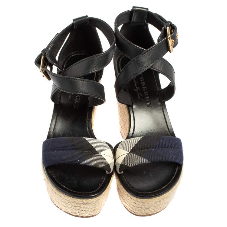 Pre Owned Burberry Black Leather And Nova Check Canvas Espadrille Wedge Sandals Size 37.5