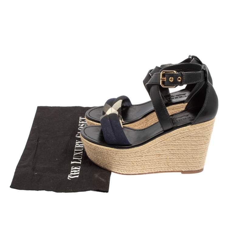 Pre Owned Burberry Black Leather And Nova Check Canvas Espadrille Wedge Sandals Size 37.5