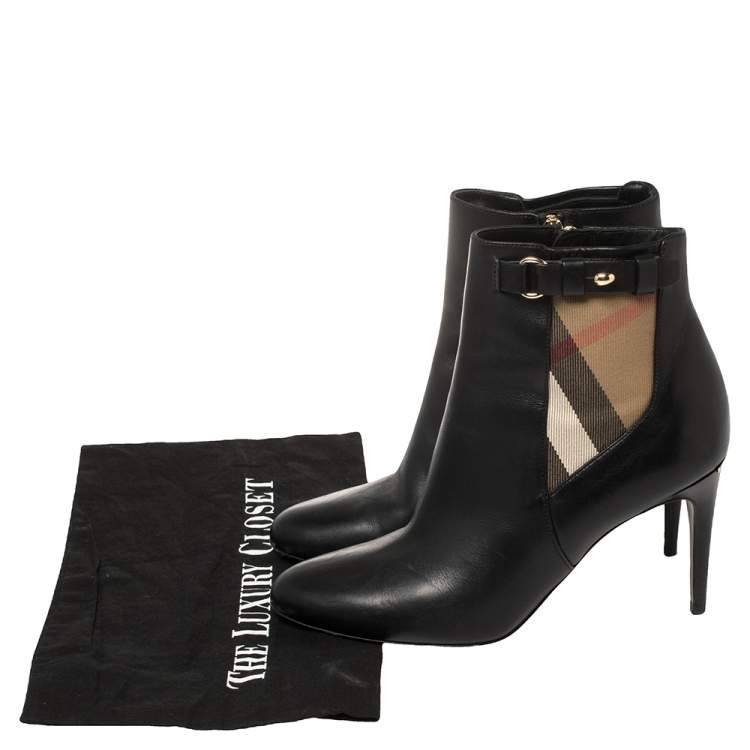 Pre Owned Burberry Black Leather And Nova Check Canvas Ivybridge Boots Size 38