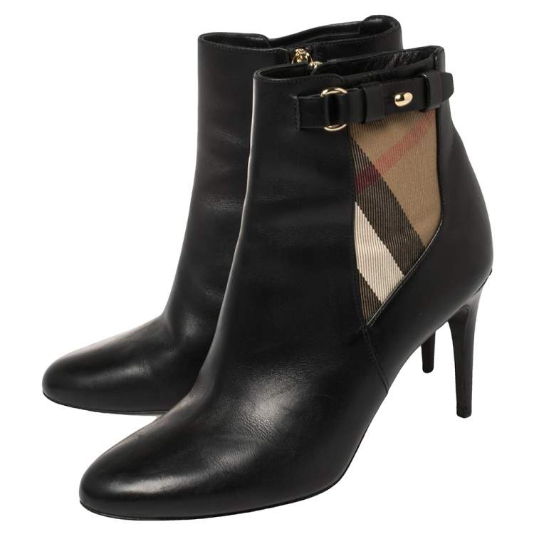 Pre Owned Burberry Black Leather And Nova Check Canvas Ivybridge Boots Size 38