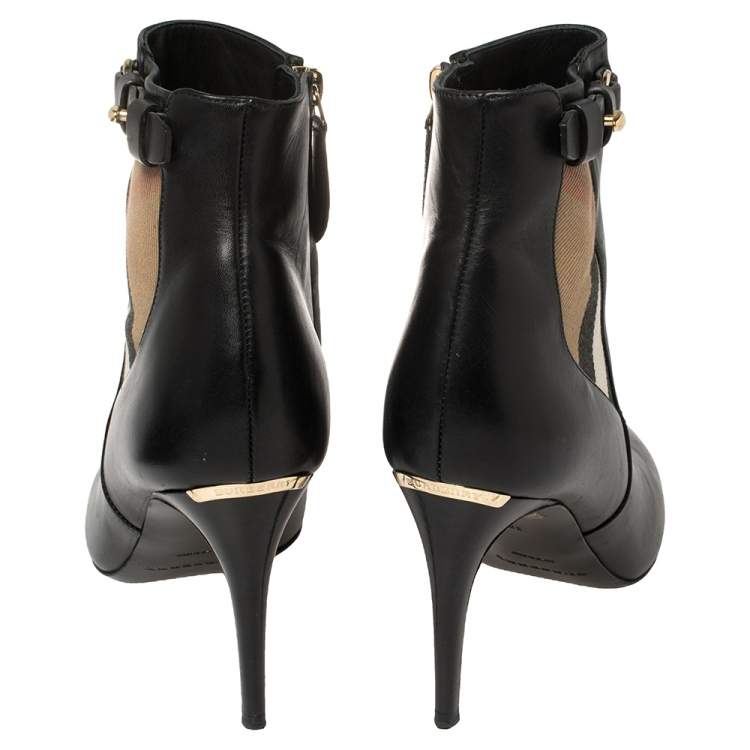 Pre Owned Burberry Black Leather And Nova Check Canvas Ivybridge Boots Size 38