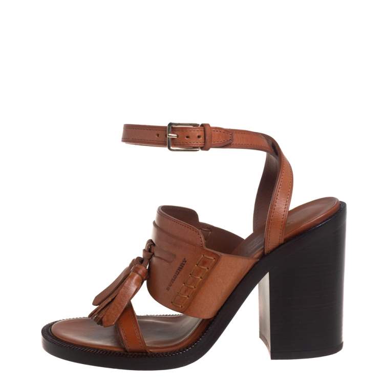 Pre Owned Burberry Brown Leather Bethany Tassel Detail Block Heel Ankle Strap Sandals Size 39