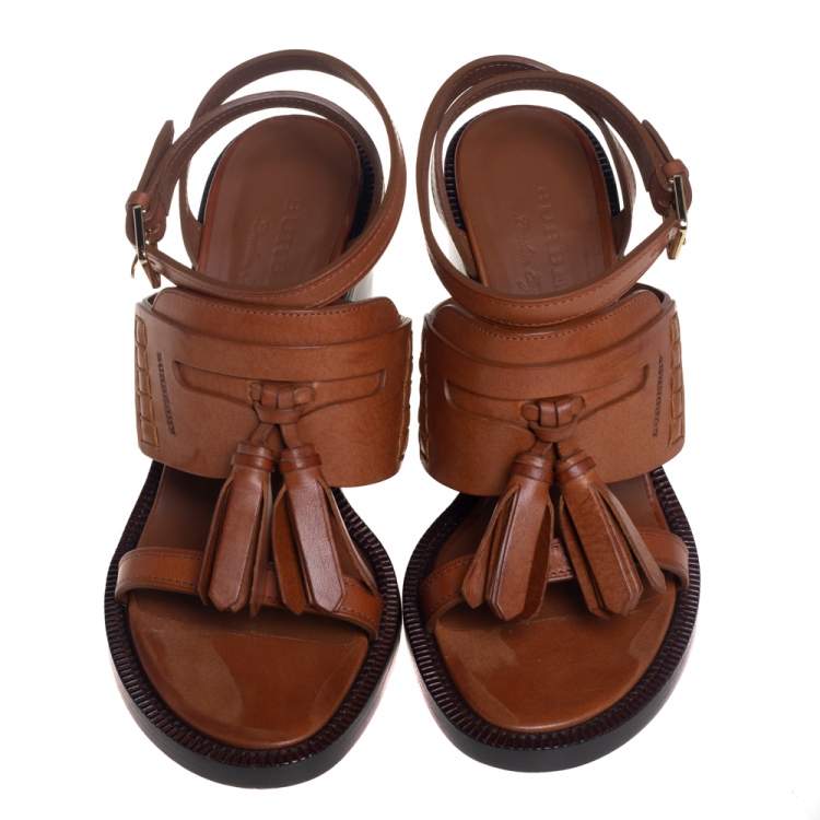 Pre Owned Burberry Brown Leather Bethany Tassel Detail Block Heel Ankle Strap Sandals Size 39