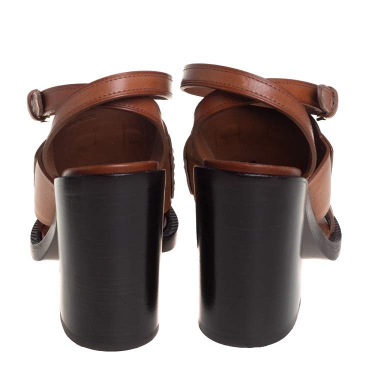 Pre Owned Burberry Brown Leather Bethany Tassel Detail Block Heel Ankle Strap Sandals Size 39