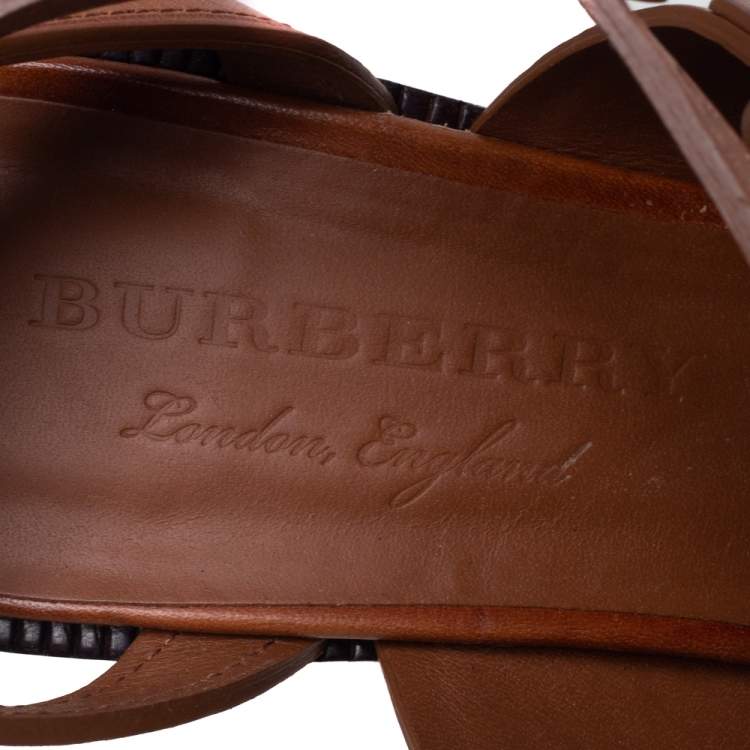Pre Owned Burberry Brown Leather Bethany Tassel Detail Block Heel Ankle Strap Sandals Size 39