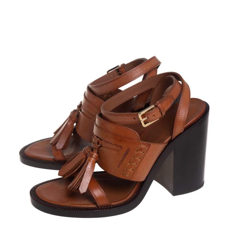 Pre Owned Burberry Brown Leather Bethany Tassel Detail Block Heel Ankle Strap Sandals Size 39