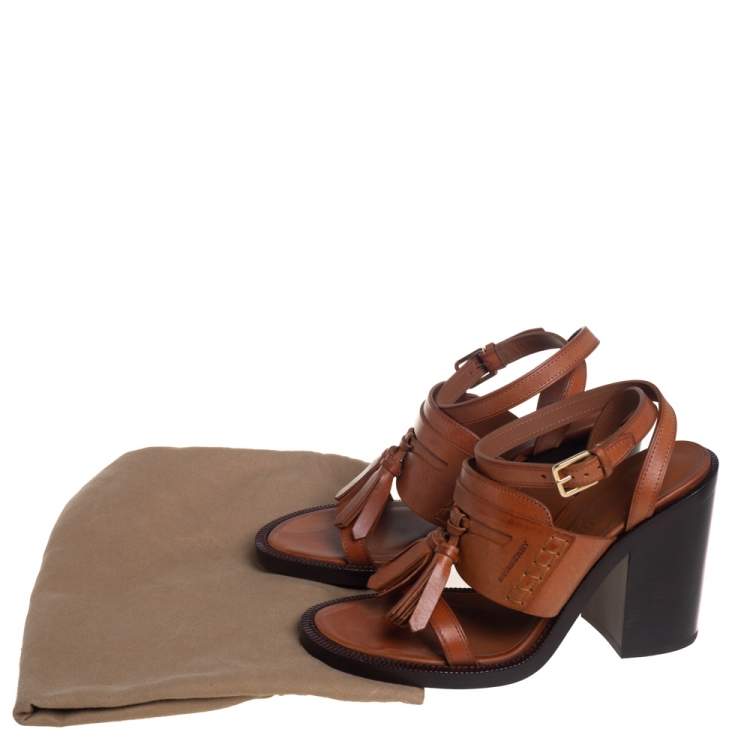 Pre Owned Burberry Brown Leather Bethany Tassel Detail Block Heel Ankle Strap Sandals Size 39