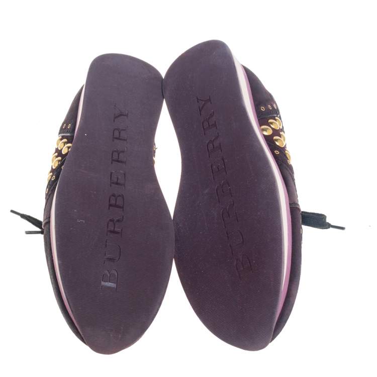 Pre Owned Burberry Burgundy Suede And Satin Studded Low Top Sneakers Size 38