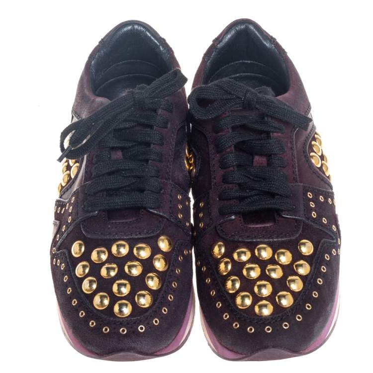 Pre Owned Burberry Burgundy Suede And Satin Studded Low Top Sneakers Size 38
