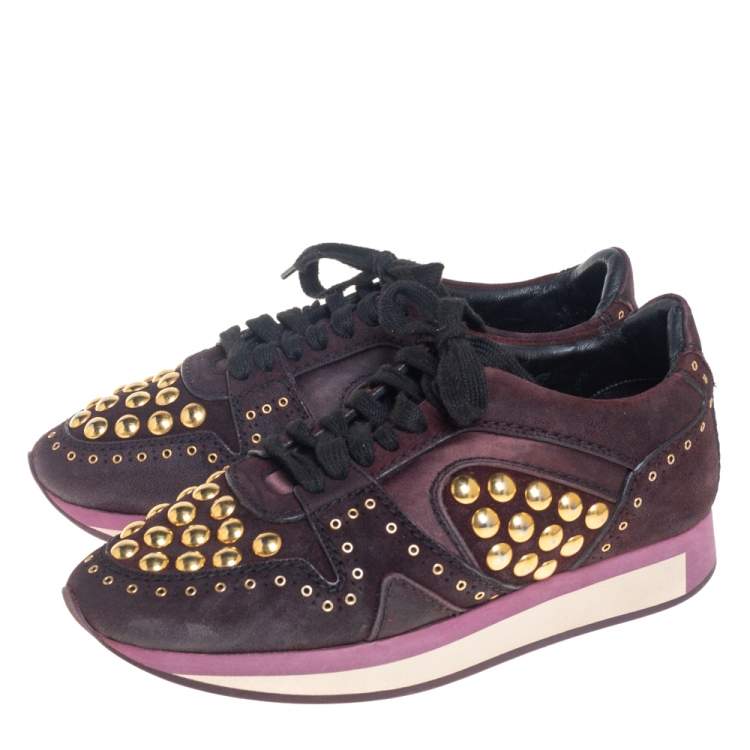 Pre Owned Burberry Burgundy Suede And Satin Studded Low Top Sneakers Size 38
