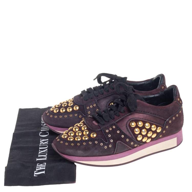 Pre Owned Burberry Burgundy Suede And Satin Studded Low Top Sneakers Size 38