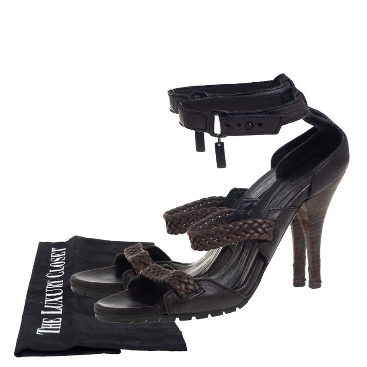 Pre Owned Burberry Black/Brown Leather Ankle Strap Sandals Size 38