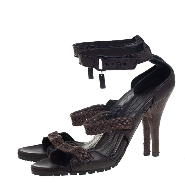 Pre Owned Burberry Black/Brown Leather Ankle Strap Sandals Size 38