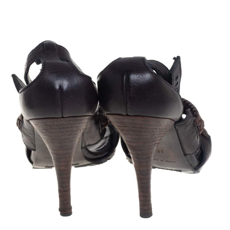 Pre Owned Burberry Black/Brown Leather Ankle Strap Sandals Size 38