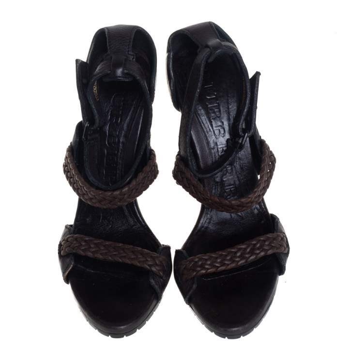 Pre Owned Burberry Black/Brown Leather Ankle Strap Sandals Size 38
