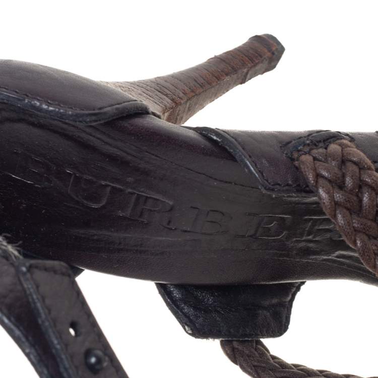 Pre Owned Burberry Black/Brown Leather Ankle Strap Sandals Size 38
