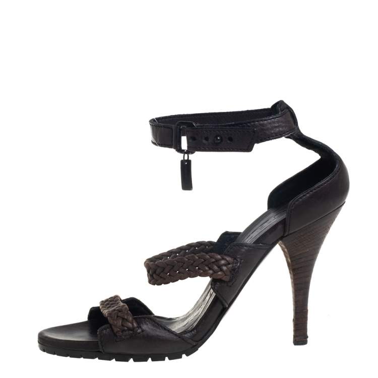 Pre Owned Burberry Black/Brown Leather Ankle Strap Sandals Size 38