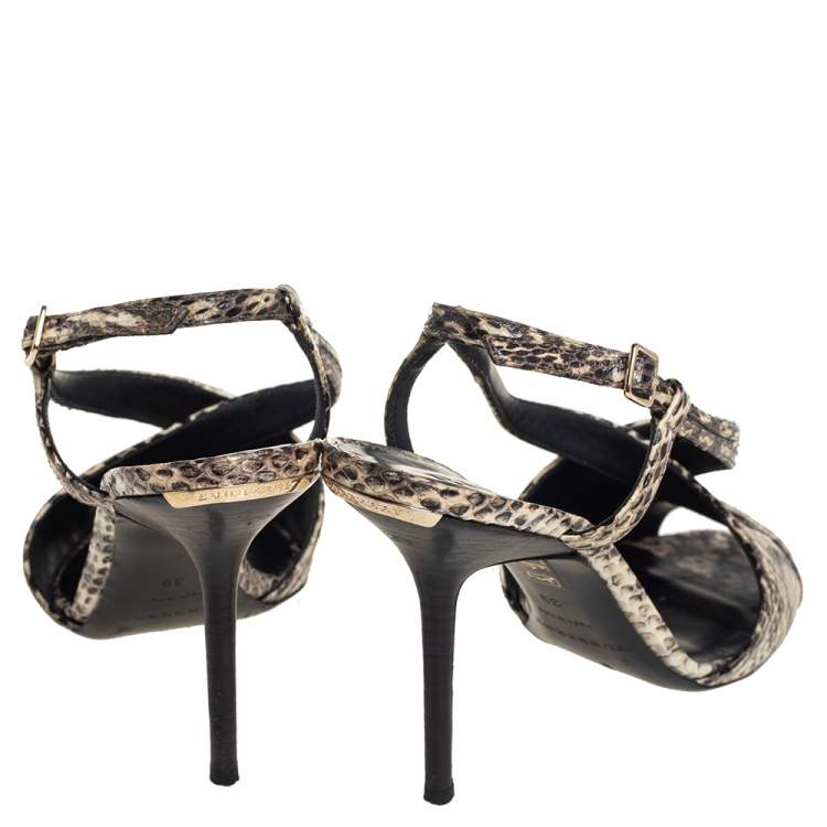 مملوكة مسبقًا Burberry Beige/Brown Embossed Python Leather Criss Cross Slingback Sandals Size 39