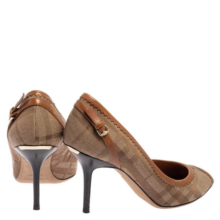 Pre Owned Burberry Beige Check Canvas And Brown Leather Trim Peep Toe Pumps Size 39