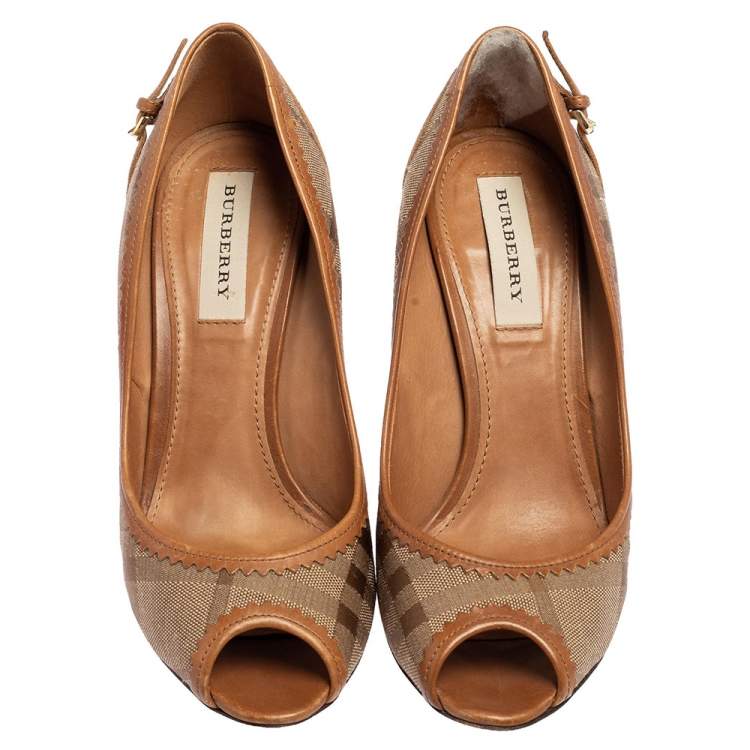 Pre Owned Burberry Beige Check Canvas And Brown Leather Trim Peep Toe Pumps Size 39