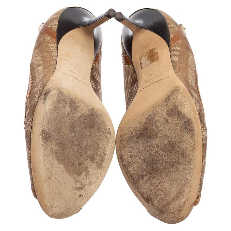 Pre Owned Burberry Beige Check Canvas And Brown Leather Trim Peep Toe Pumps Size 39