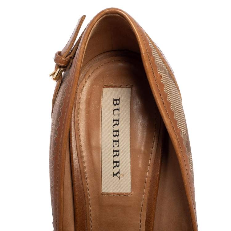 Pre Owned Burberry Beige Check Canvas And Brown Leather Trim Peep Toe Pumps Size 39
