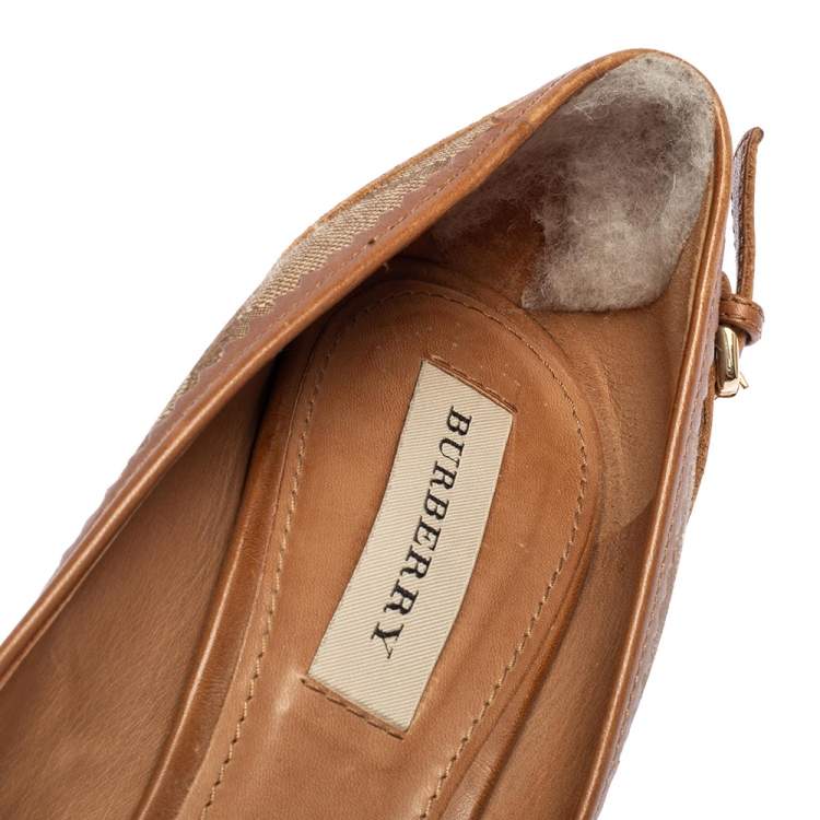 Pre Owned Burberry Beige Check Canvas And Brown Leather Trim Peep Toe Pumps Size 39