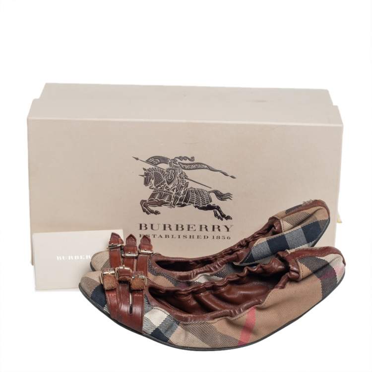 Pre Owned Burberry Multicolor Novacheck Canvas And Leather Buckle Scrunch Ballet Flats Size 39