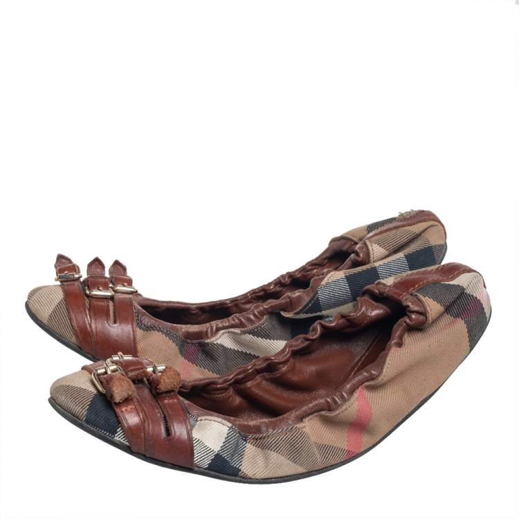 Pre Owned Burberry Multicolor Novacheck Canvas And Leather Buckle Scrunch Ballet Flats Size 39
