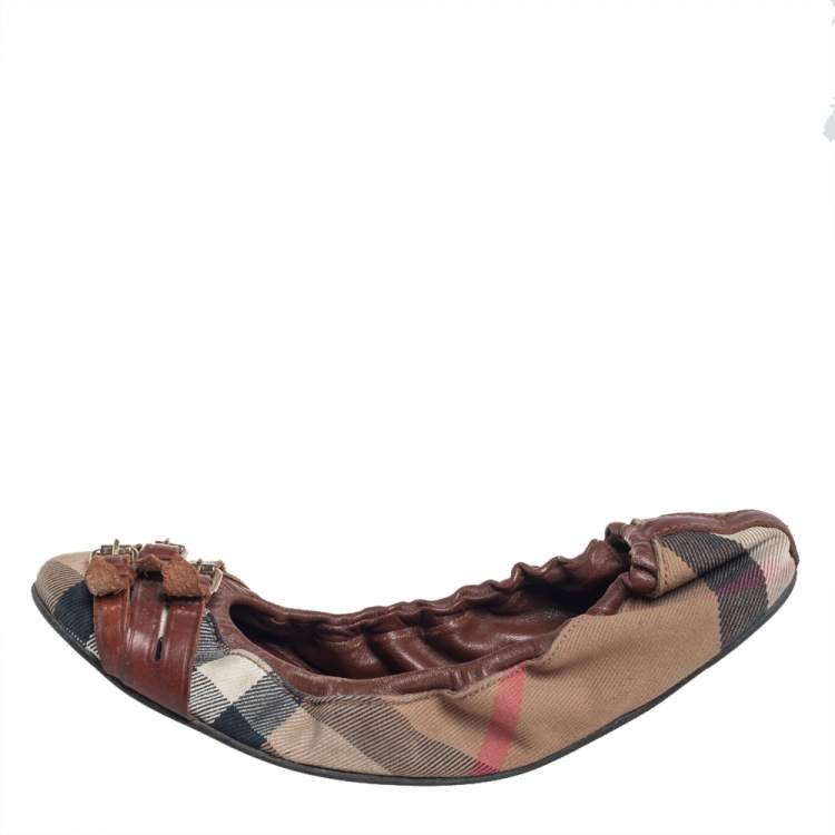 Pre Owned Burberry Multicolor Novacheck Canvas And Leather Buckle Scrunch Ballet Flats Size 39