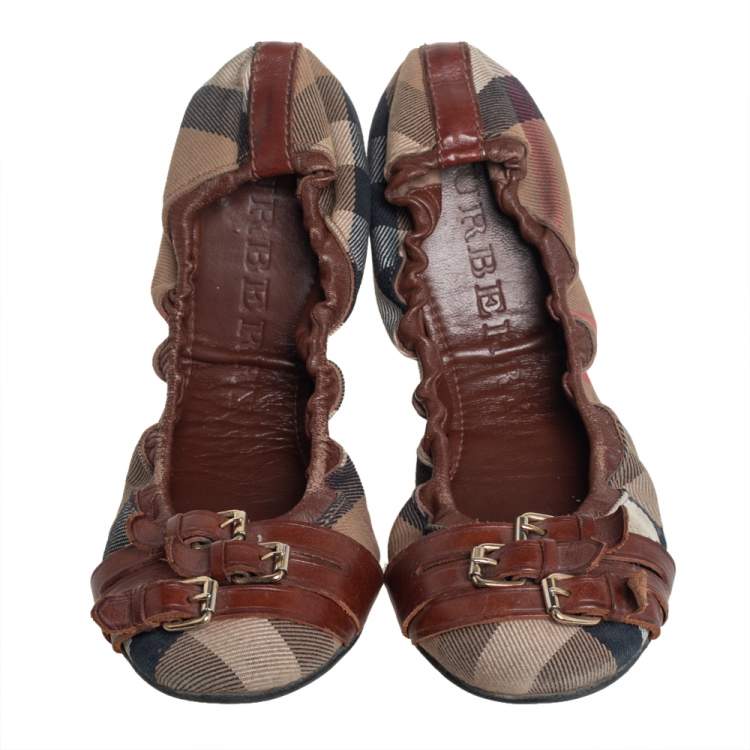 Pre Owned Burberry Multicolor Novacheck Canvas And Leather Buckle Scrunch Ballet Flats Size 39