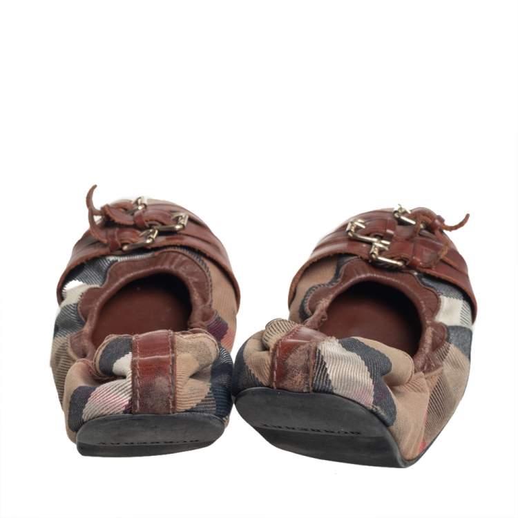 Pre Owned Burberry Multicolor Novacheck Canvas And Leather Buckle Scrunch Ballet Flats Size 39