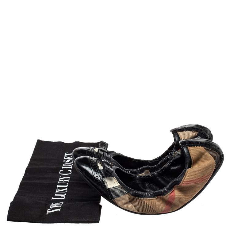 Pre Owned Burberry Beige/Black Nova Check Canvas And Leather Scrunch Ballet Size 38