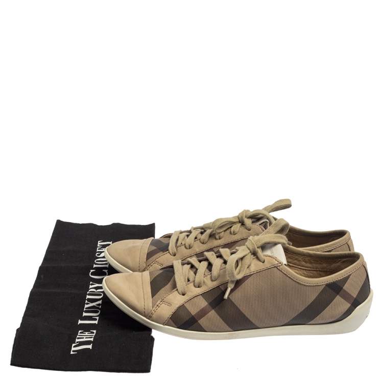 Pre Owned Burberry Beige/Grey Novacheck Canvas And Leather Cap Toe Low Top Sneakers Size 37
